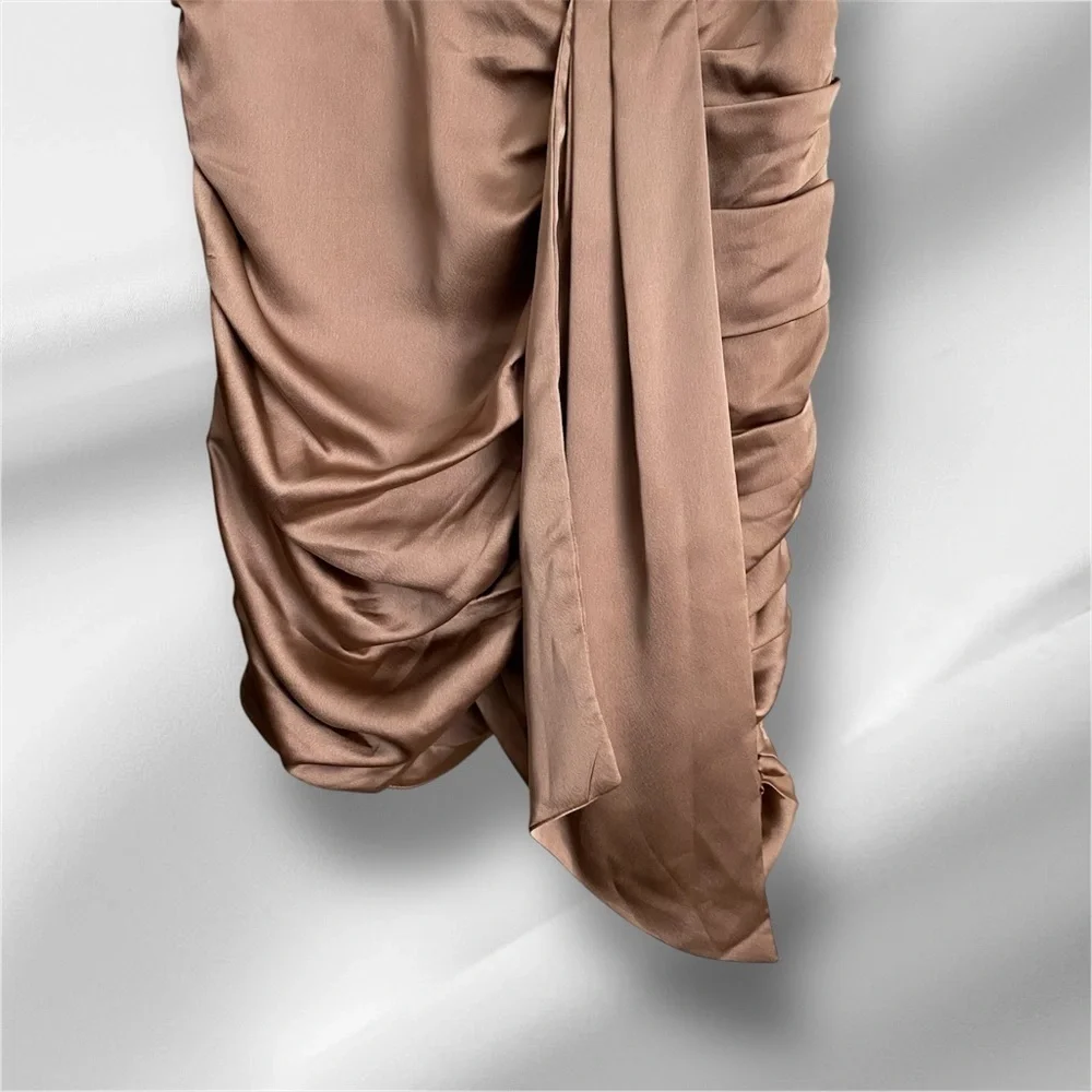 Bronze Satin Mini Cocktail Party Dress Wedding Draped Sash Cowl Ruch Sexy NYE 12